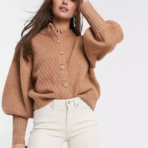 Y.A.S Womn S Camel Brown Alpaca Wool Blend Volume Ballon Sleeve Knitted Cardigan